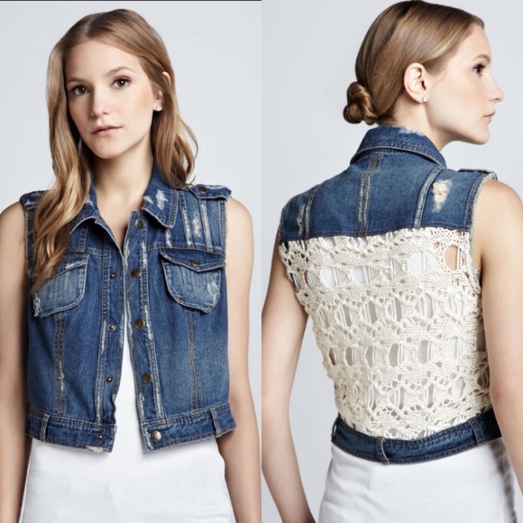 Free People XS Denim Jean Jacket Vest Distressed Crochet
